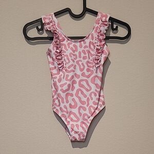 Girls' Pink Leopard Ruffle One-Piece Swimsuit